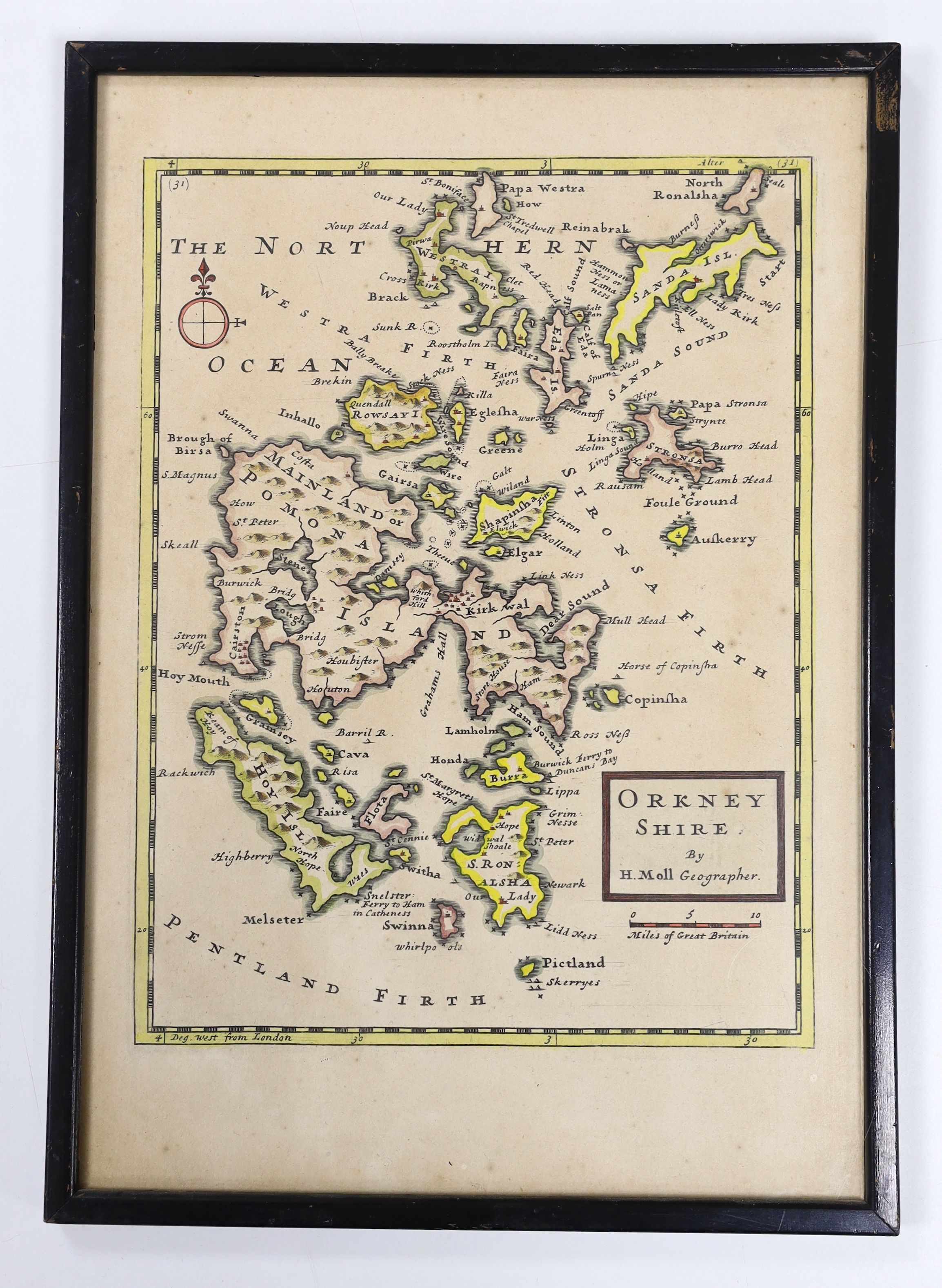 Herman Moll (1654-1732), hand coloured map of Orkneyshire, 32 x 22cm